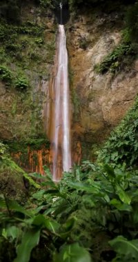 Ribeira Quente yemyeşil bir ormanda büyük bir şelale. Su, Azores Sao Miguel adasındaki bir uçurumdan aşağı akıyor. Statik çekim.