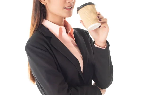 Schöne Geschäftsfrau Mit Kaffeetasse Isoliert Auf Weißem Hintergrund — Stockfoto