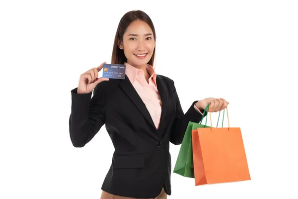 Beautiful Businesswoman Credit Card Shopping Bags Isolated White Background — 图库照片