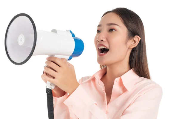 Junge Schöne Asiatische Mädchen Hält Ein Megafon Isoliert Vor Weißem — Stockfoto