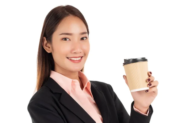 Schöne Geschäftsfrau Mit Kaffeetasse Isoliert Auf Weißem Hintergrund — Stockfoto