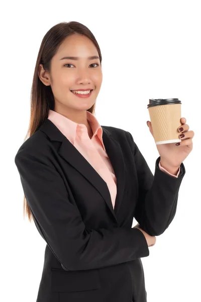 Schöne Geschäftsfrau Mit Kaffeetasse Isoliert Auf Weißem Hintergrund — Stockfoto