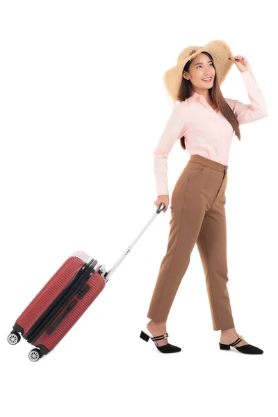 Young Girl Hat Luggage White Background — Stock Photo, Image