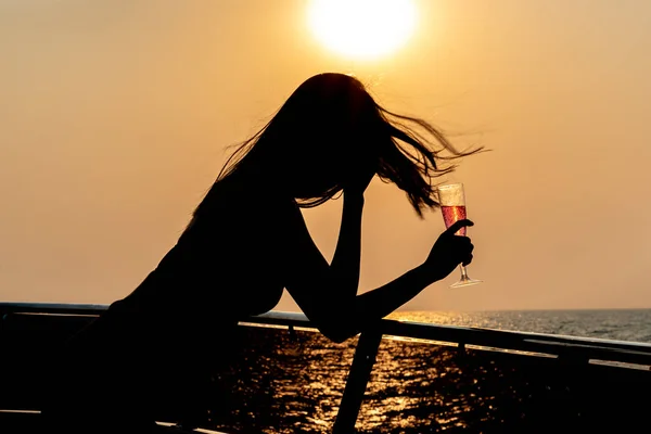 Asian Young Woman Drink Swimsuit Posing Yacht Sunset — Stock Photo, Image