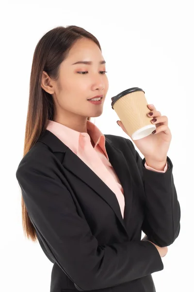 Schöne Geschäftsfrau Mit Kaffeetasse Isoliert Auf Weißem Hintergrund — Stockfoto