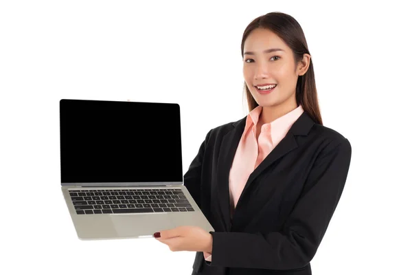 Gyönyörű Üzletasszony Bemutató Laptop Elszigetelt Fehér Háttér Stock Fotó