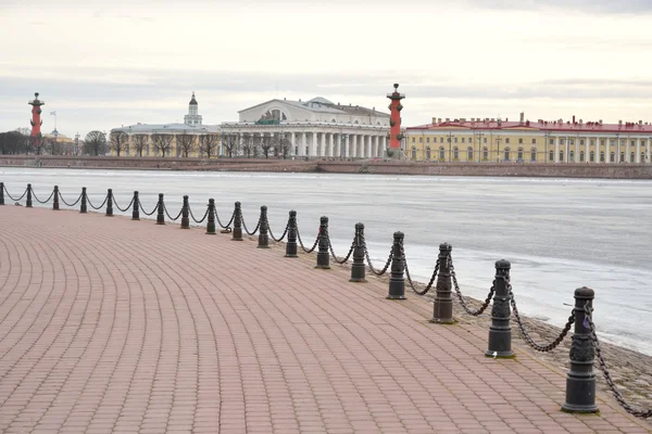 Utsikt över frusna floden Neva och spotta Vasilyevsky Island. — Stockfoto