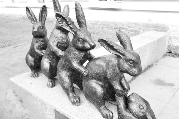 Bronze sculpture with hares in St. Petersburg.