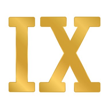 Beyaz arka planda altın Roma rakamı dokuz. Vektör illüstrasyonu.