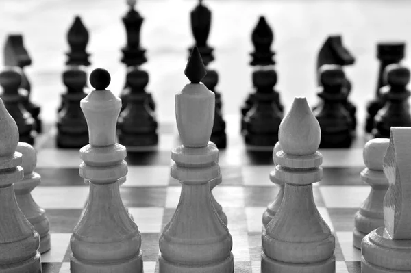棋子放在木制棋盘上 黑人和白人 — 图库照片