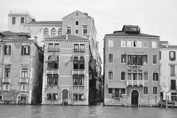 Canal Grande in historic part of Venice, Italy. Black and white.