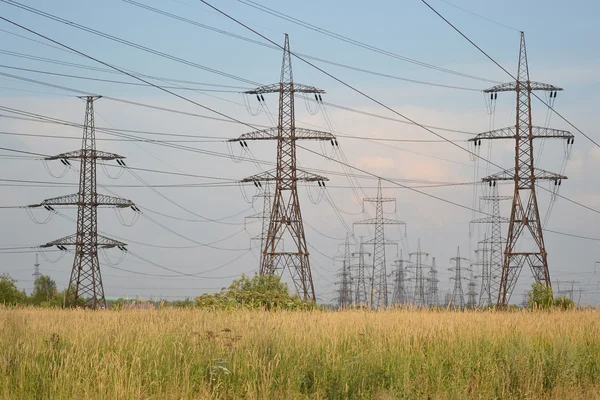 Paesaggio estivo con linea elettrica — Foto Stock