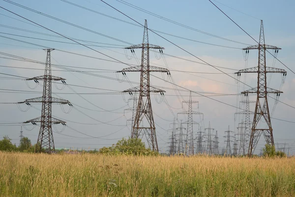 Paesaggio estivo con linea elettrica — Foto Stock