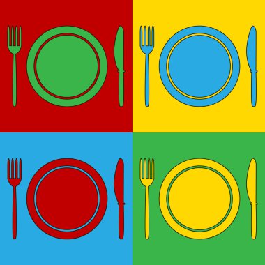 Pop art fork, plate and knife symbol icons. clipart