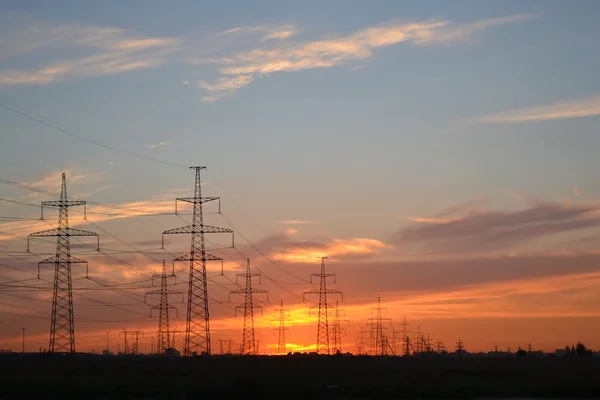 Lignes de transport d'électricité au coucher du soleil. — Photo