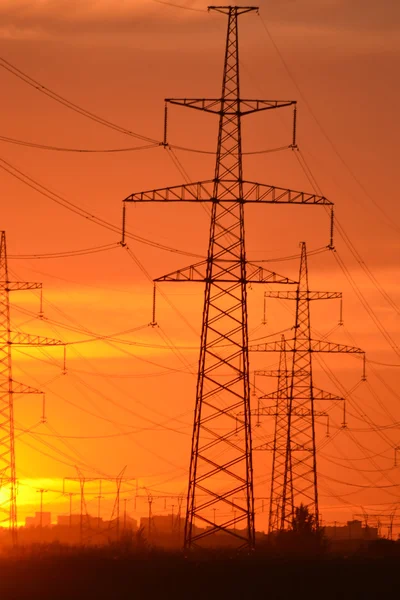 Linie przesyłowe energii elektrycznej o zachodzie słońca. — Zdjęcie stockowe