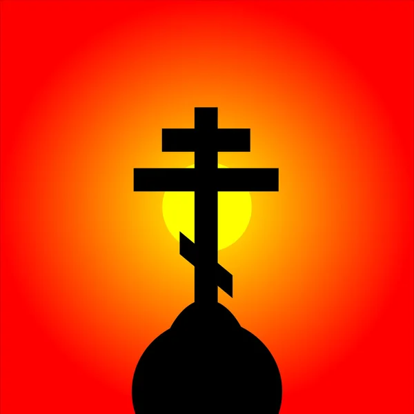 Das orthodoxe Kreuz im Hintergrund des Sonnenuntergangs. — Stockvektor