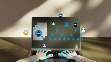 İş adamı çalışması ekranda yeni bir iş simgesi bulmak için veri arıyor