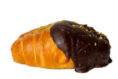 The High-resolution photograph of a chocolate croissant isolate on white, taken with a high-resolution 45MP camera