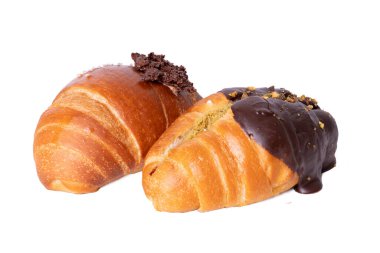 The High-resolution photograph of a chocolate croissant isolate on white, taken with a high-resolution 45MP camera