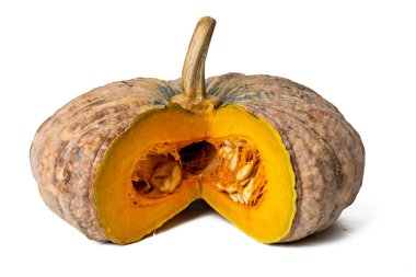 The Photo of pumpkin taken with a high-resolution camera using the focus-stacking technique on a white background.