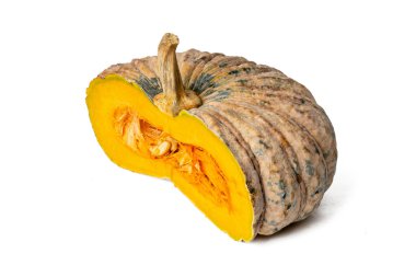 The Photo of pumpkin taken with a high-resolution camera using the focus-stacking technique on a white background.