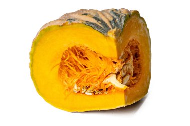 The Photo of pumpkin taken with a high-resolution camera using the focus-stacking technique on a white background.