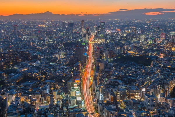 Solen går ner över stadsbilden av Tokyo — Stockfoto