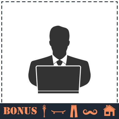 Bilgisayar simgesi üzerinde çalışan bir iş adamı. Basit vektör sembolü ve bonus simgesi