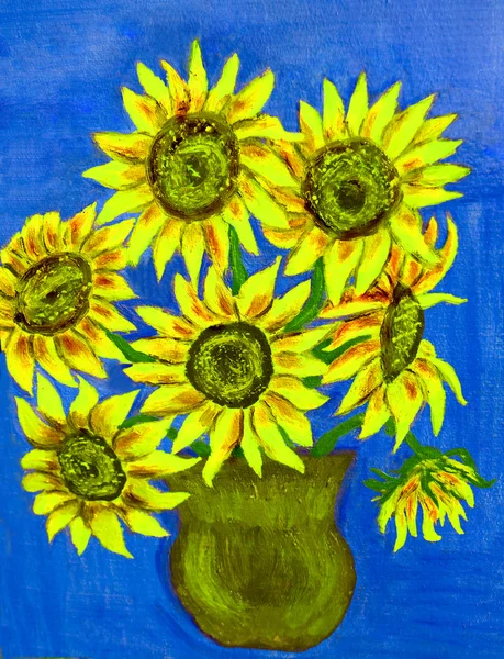 Sunflowers in vase, painting — Stock Photo, Image