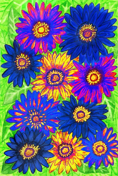 Gerbera flowers blue and yellow,  painting — Stock Photo, Image