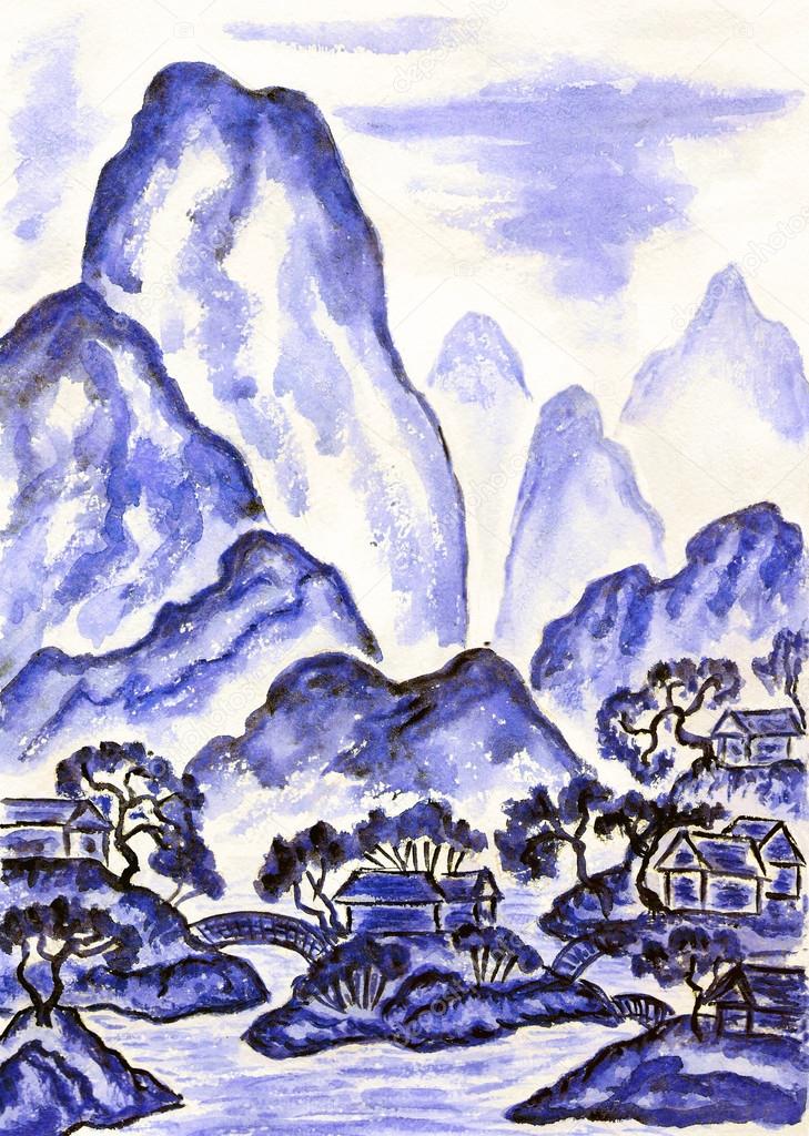 Landscape with blue mountains, painting