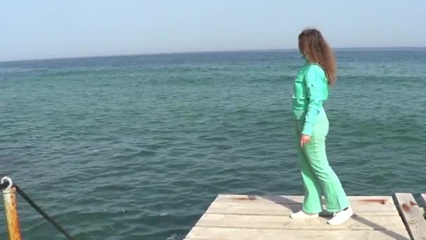 Жінка стоїть на пірсі — стокове відео