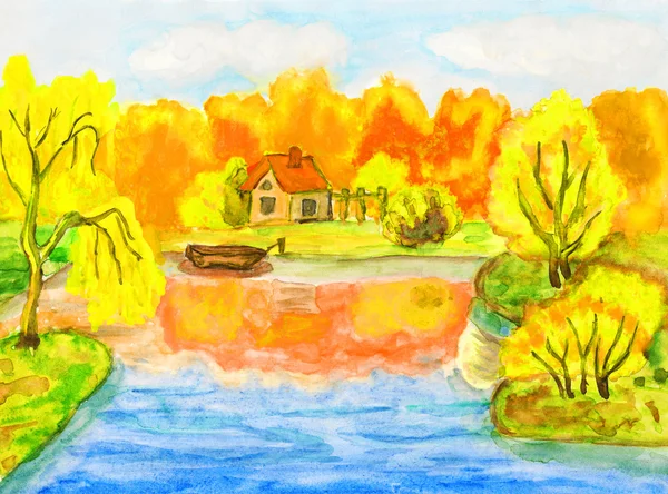 Herbstlandschaft mit Haus, Malerei — Stockfoto