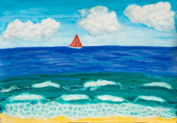 有红帆水彩画的海景 — 图库照片