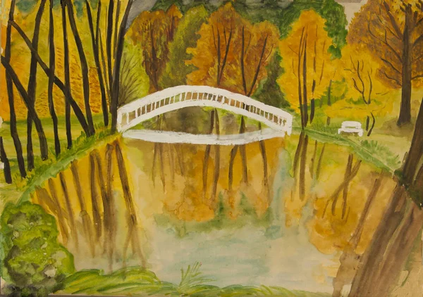 Autumn Landscape White Bridge Watercolor Painting — Stock Photo, Image