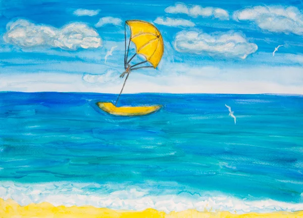 带黄色降落伞和船的海景，水彩画 — 图库照片