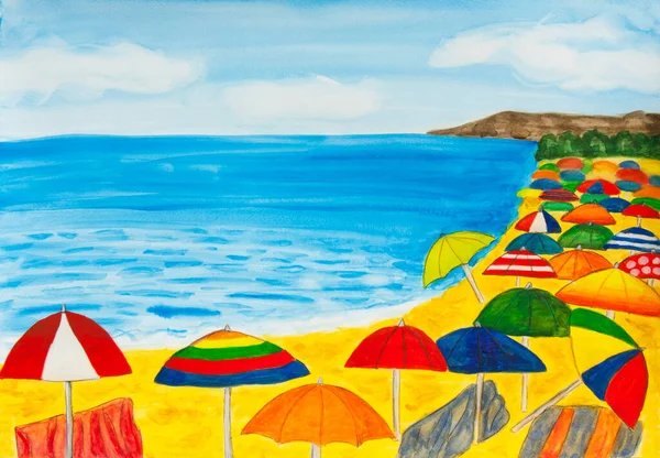 Many beach umbrellas on sea beach, illustration painting watercolor.