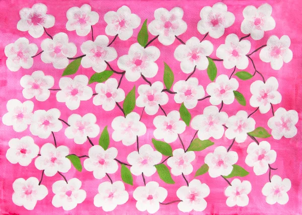 White Spring Flowers Pink Background Painting Illustration Gouache — Stock Photo, Image