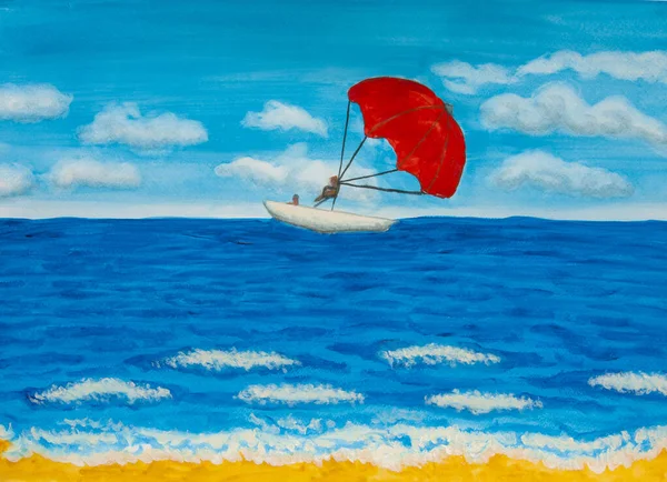 Seascape Red Parachute Illustration Watercolor Painting Horizontal — Stock Photo, Image