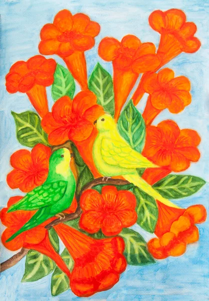 Two Little Parrots Green Yelow Brach Campsis Orange Flowers Watercolor — Stock Photo, Image