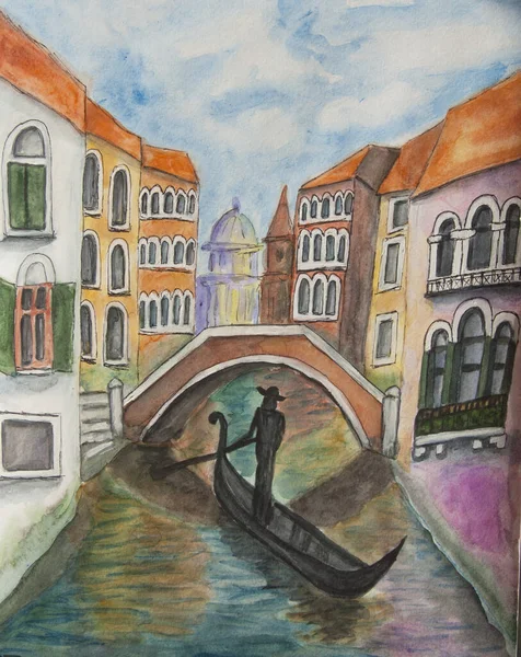 Landscape Venice Town Little Bridge Canal Gondola Watercolor Painting Vertical — Stock Photo, Image