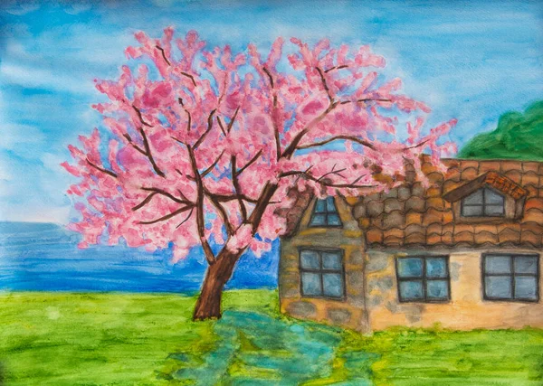 Illustration Watercolor Painting Spring Landscape Cercis Tree Blossom House Sea — 图库照片