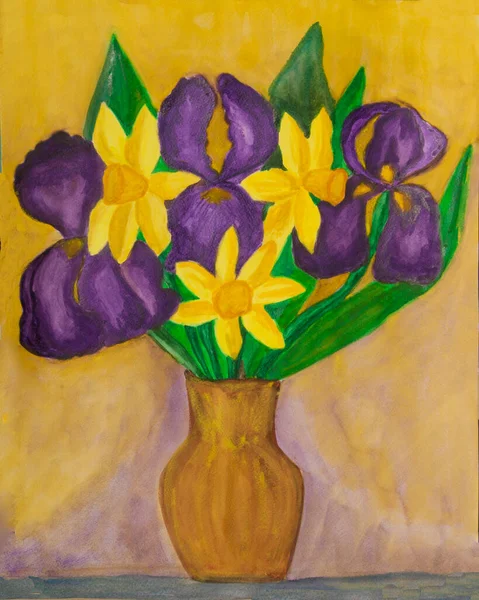 Iris Violets Jonquilles Jaunes Vase Aquarelle Peinture Verticale — Photo