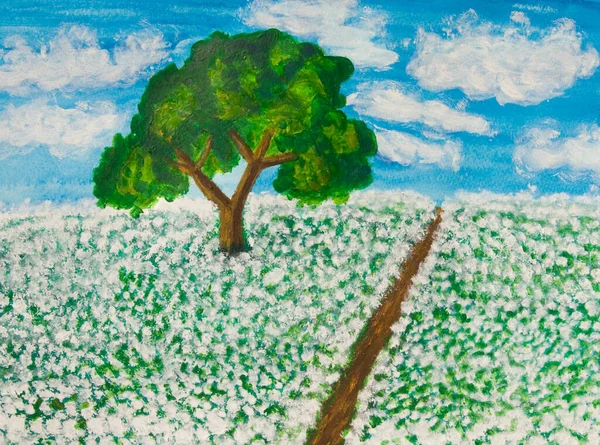 Ilustracja Obraz Olejny Akrylowy Letni Krajobraz Drzewo Łące Pasternakiem Dzikie — Zdjęcie stockowe