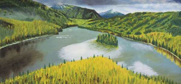 Colinas e rio, pintura — Fotografia de Stock