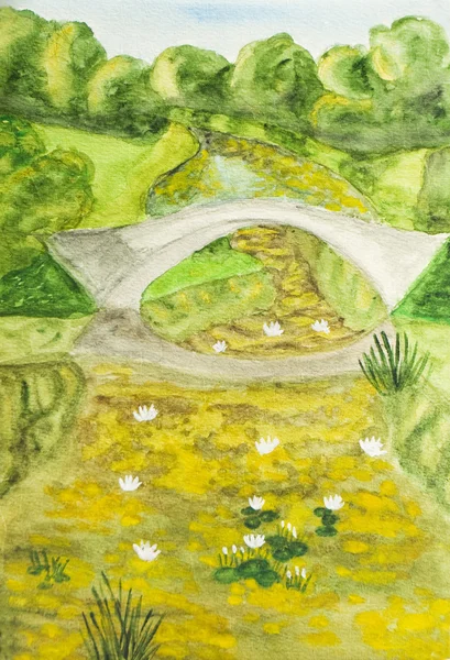 Paysage d'été avec pont, peinture — Photo