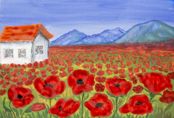 House on meadow with red poppies, painting — Stockfoto