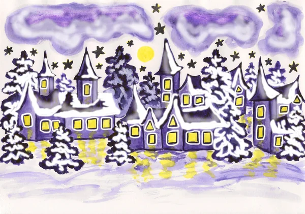 Casas em cores violetas, pintura — Fotografia de Stock