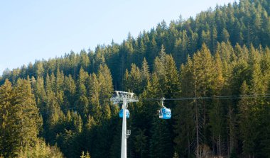 Bansko, Bulgaristan - 22 Şubat 2024: Bulgaristan 'ın kayak beldesi Bansko' daki dağlardaki kablo araba ve ladin ormanları.